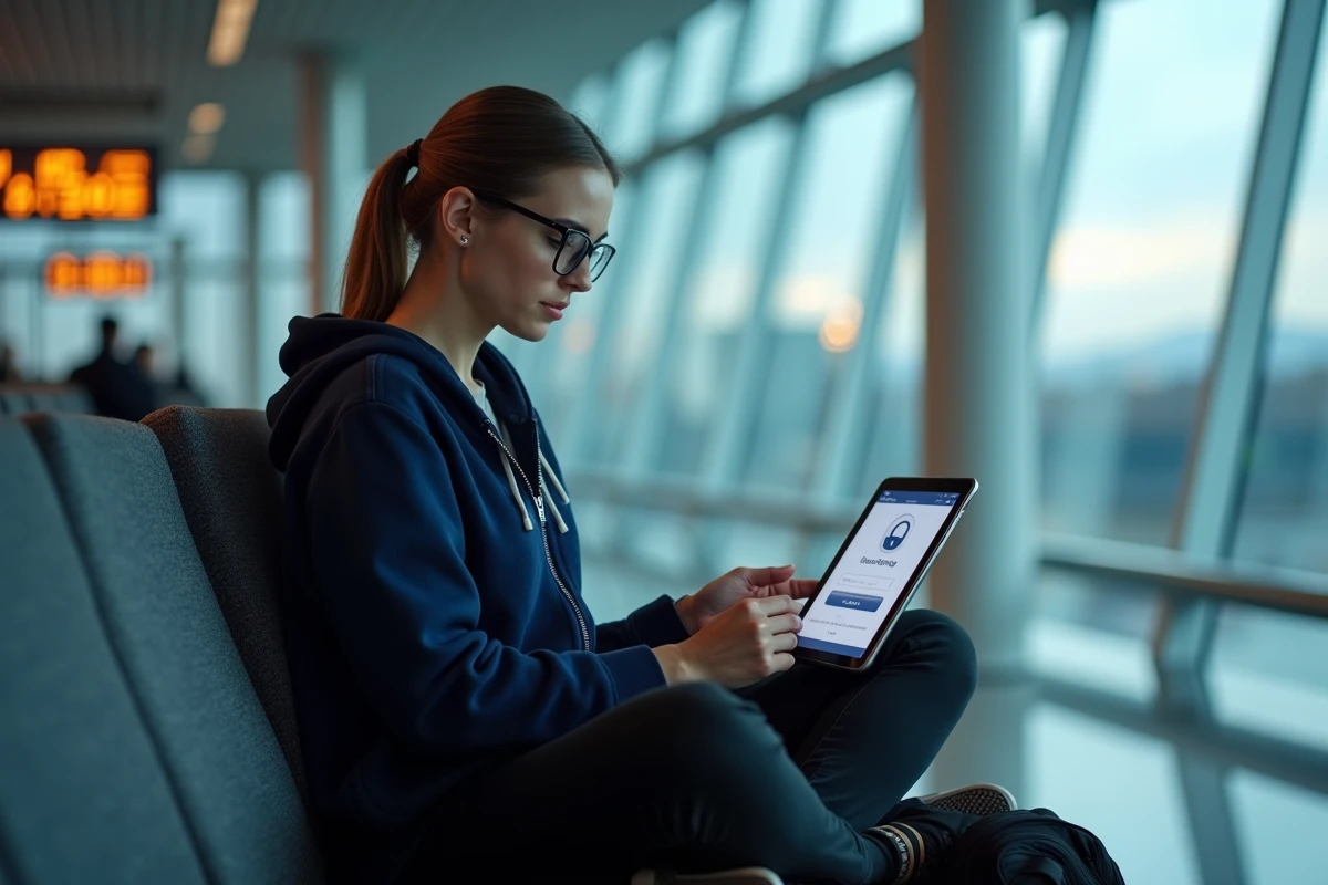 Jeune femme consultant son compte bancaire CIC sur une tablette dans un salon d'aéroport international avant un vol
