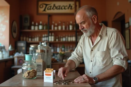 Homme achetant un paquet de cigarettes dans un bureau de tabac traditionnel à Rome en Italie