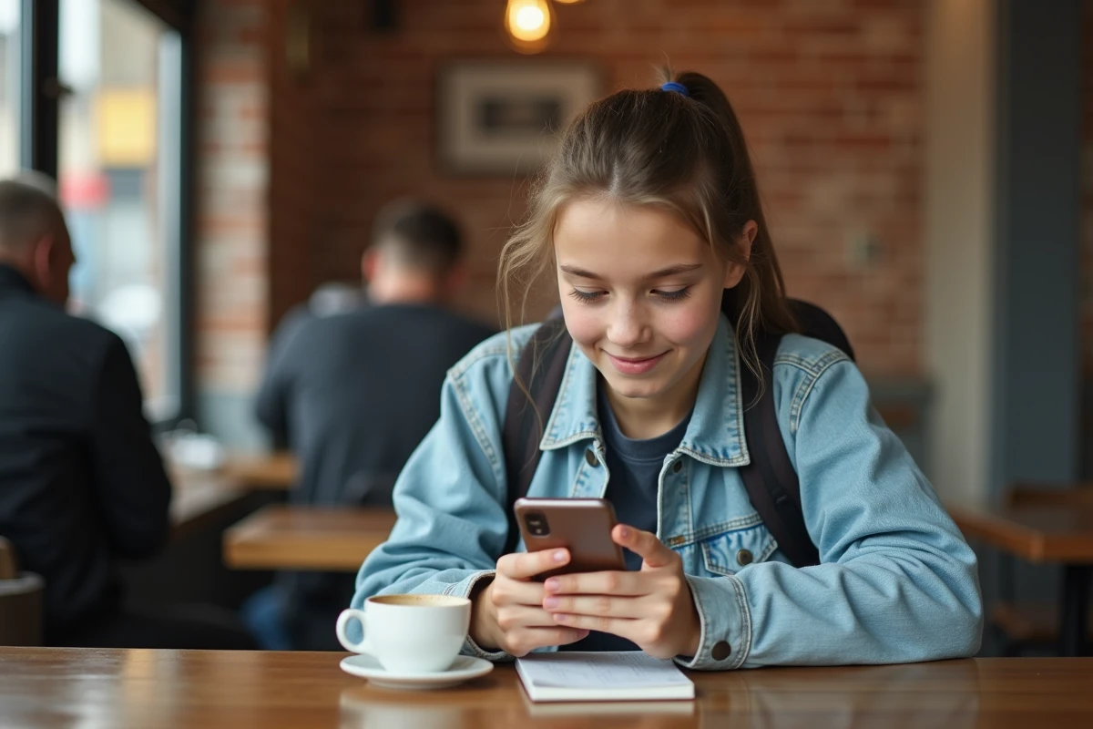 Adolescente vérifiant son application bancaire Pixpay sur smartphone dans un café urbain
