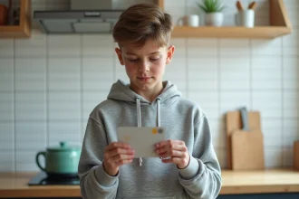 Adolescent tenant une carte bancaire prépayée Pixpay en examinant les détails, dans une cuisine moderne