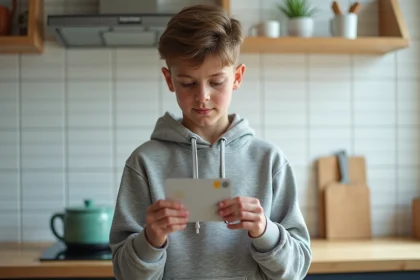 Adolescent tenant une carte bancaire prépayée Pixpay en examinant les détails, dans une cuisine moderne