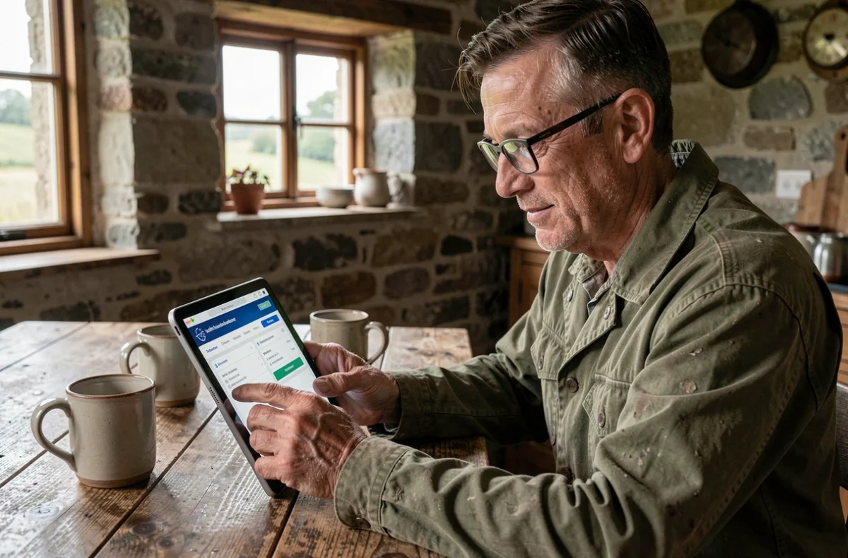 Agriculteur comparant les formules de mutuelle Agrica sur une tablette dans une cuisine rurale