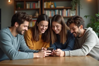 Groupe d amis discutant autour d un smartphone pour gérer un budget