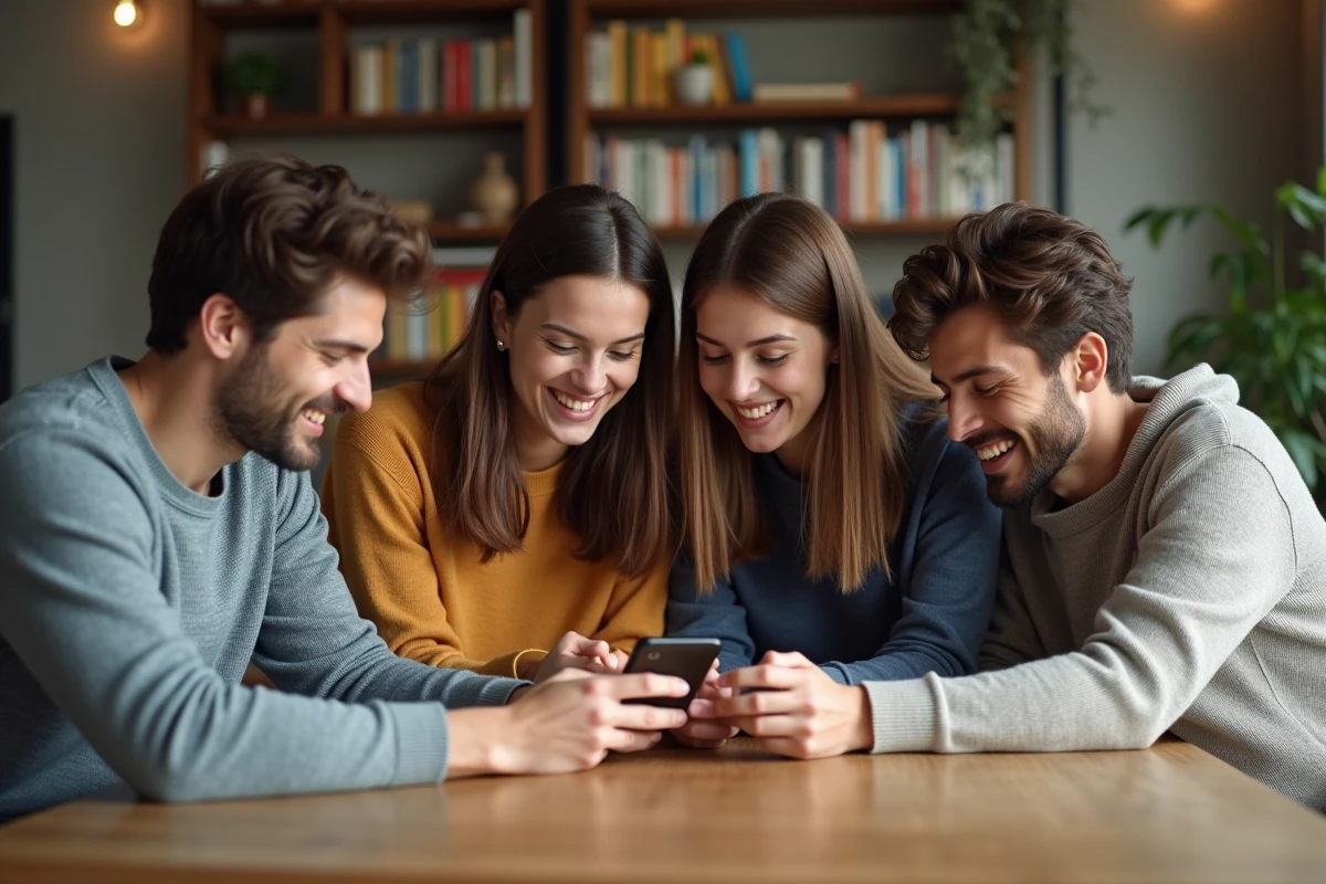 Groupe d amis discutant autour d un smartphone pour gérer un budget