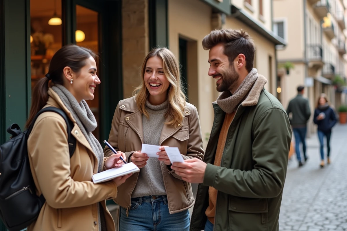 Trois amis souriants devant un café en ville lors d une promenade