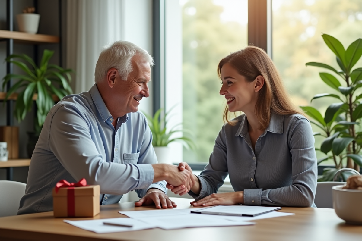 Deux amis souriants signant des documents dans un bureau lumineux