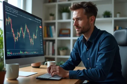 Homme analysant des graphiques de cryptomonnaies sur la plateforme eToro pour un investissement long terme