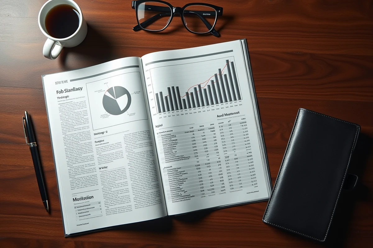 Journal financier ouvert avec graphiques et chiffres sur un bureau en bois de luxe, symbolisant l'analyse de la fortune et des rumeurs financières autour d'Ilan Tobianah