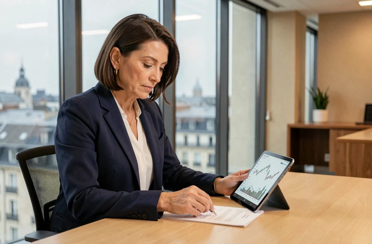 Femme cadre analysant les performances d'une SCPI sur tablette dans un bureau moderne avec vue sur la ville