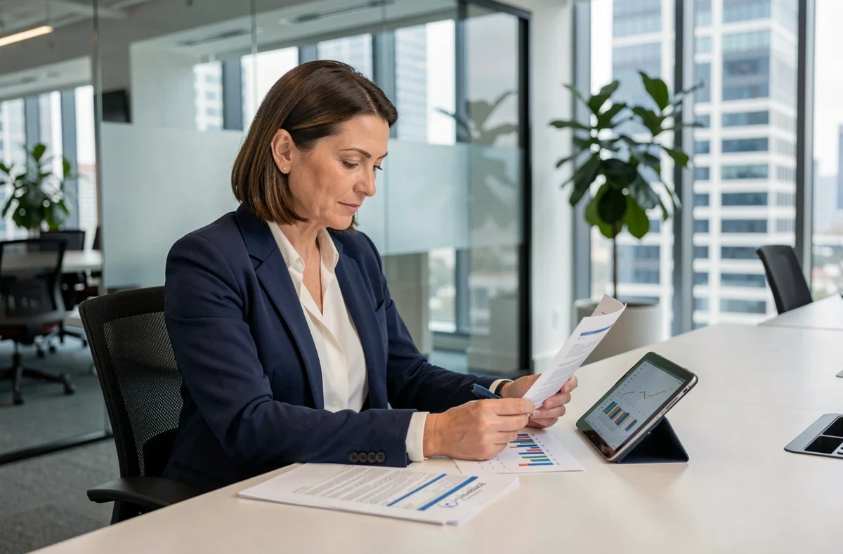 Professionnelle analysant les rendements d'une SCPI comme Activimmo sur tablette et documents financiers en bureau moderne