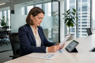 Professionnelle analysant les rendements d'une SCPI comme Activimmo sur tablette et documents financiers en bureau moderne