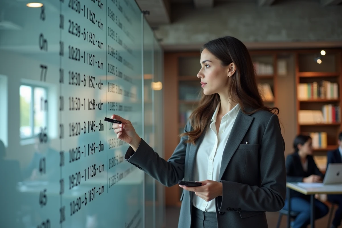 Analyste financière présentant un calendrier des heures d'ouverture des bourses mondiales sur un tableau en verre dans un bureau