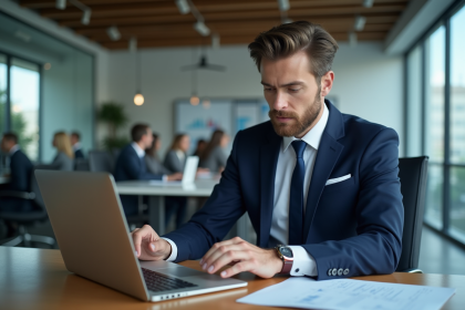 Analyste financier en costume dans un bureau moderne