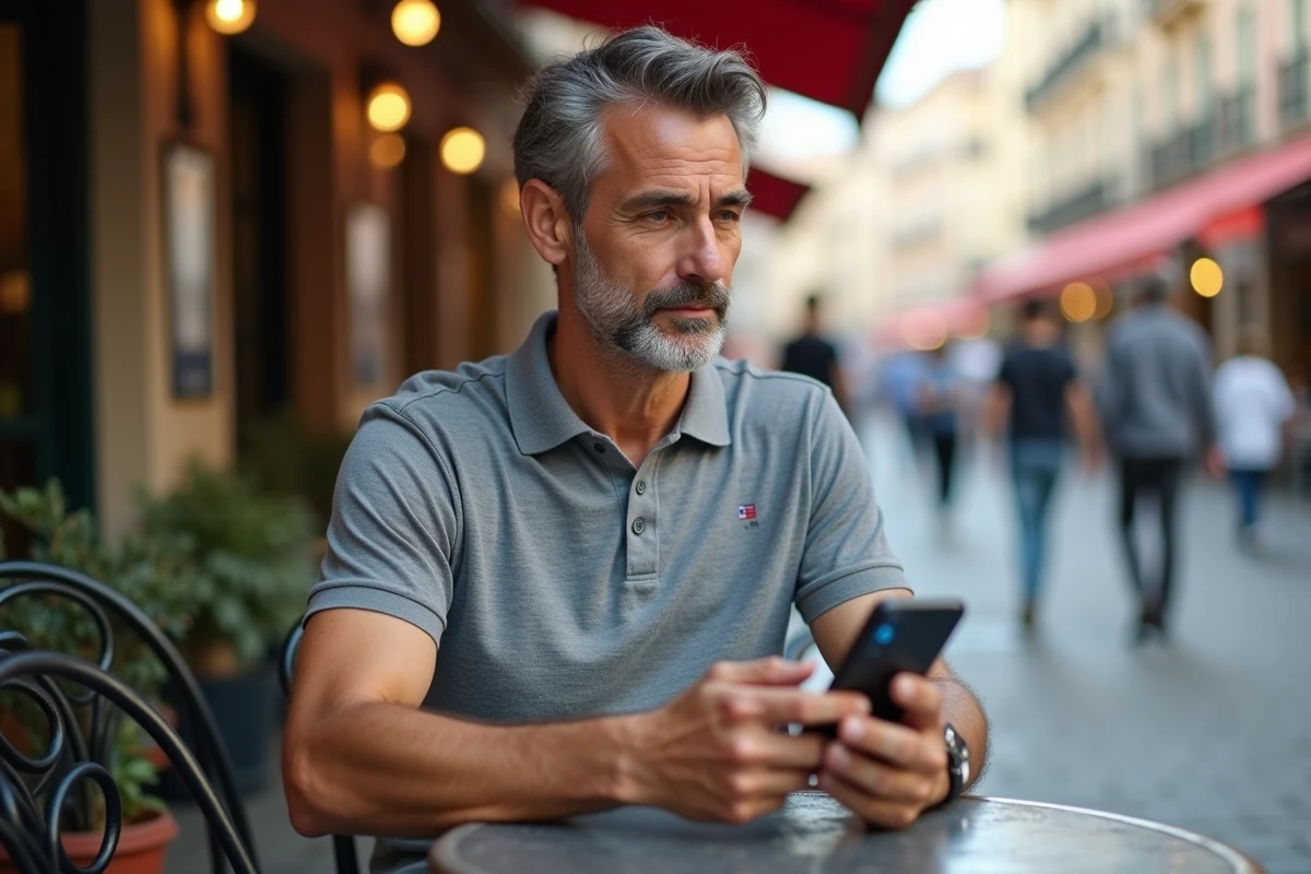 Homme utilisant une application bancaire CIC sur smartphone depuis une terrasse de café en Europe lors d'un voyage