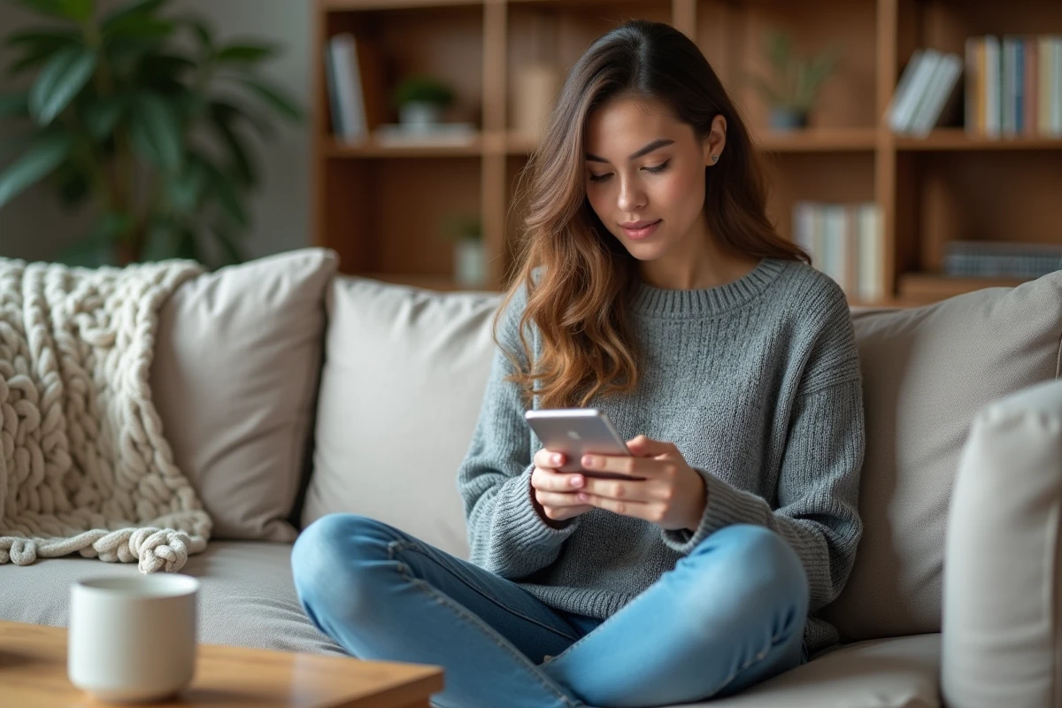 Jeune femme vérifiant son compte particulier La Banque Postale sur application mobile depuis son salon