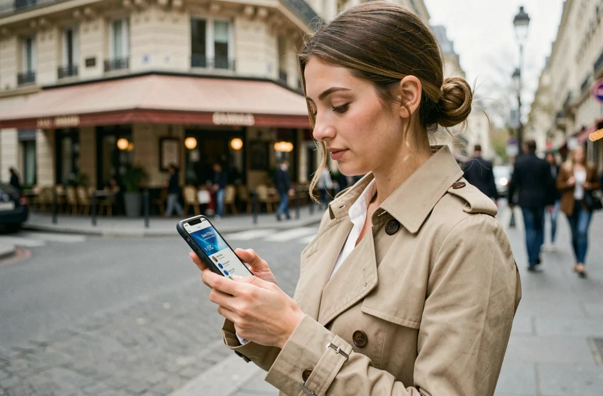 Jeune femme consultant l'application mobile Société Générale pour gérer son compte dans la rue à Paris