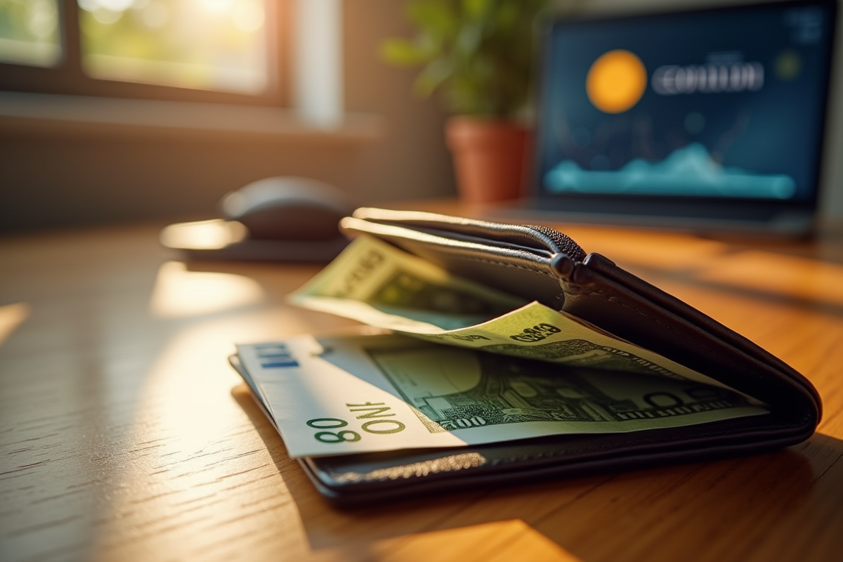 Fouilles de billets euros et dollars dans un portefeuille sur une table en bois