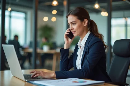Femme professionnelle en train d'appeler le support PayPal Pro depuis son bureau pour gérer un compte business