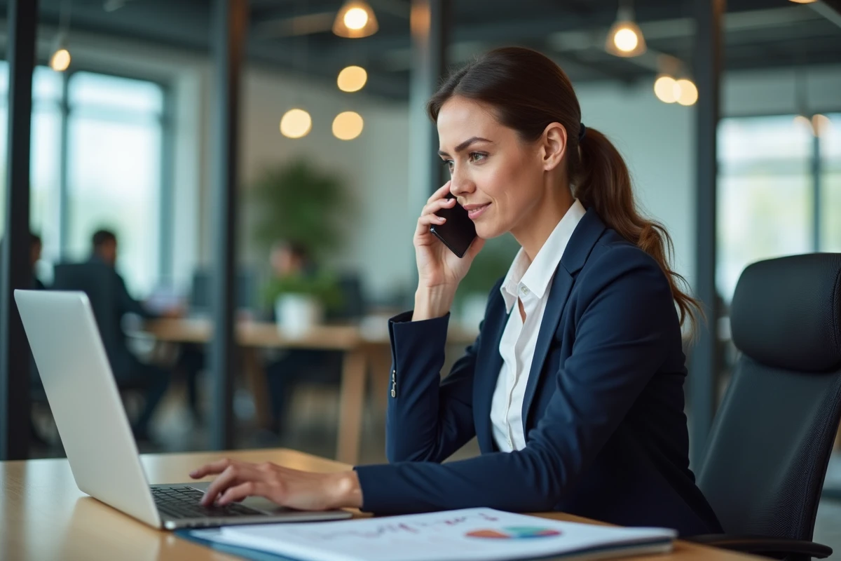 Femme professionnelle en train d'appeler le support PayPal Pro depuis son bureau pour gérer un compte business