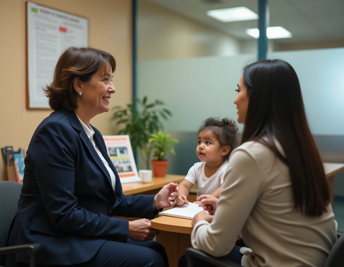 Assistante sociale conseillant une famille monoparentale sur les aides au loyer disponibles
