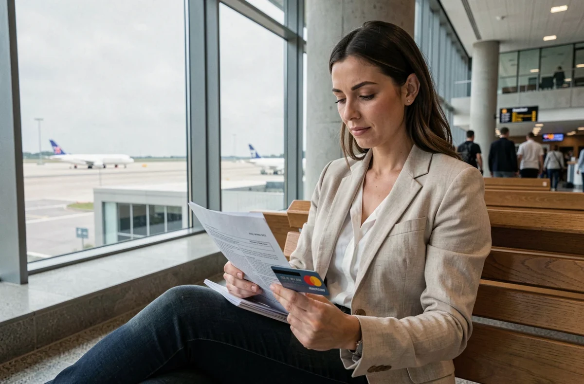 Femme vérifiant ses garanties d'assurance voyage Mastercard dans un aéroport avant le départ