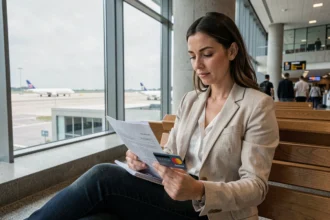 Femme vérifiant ses garanties d'assurance voyage Mastercard dans un aéroport avant le départ