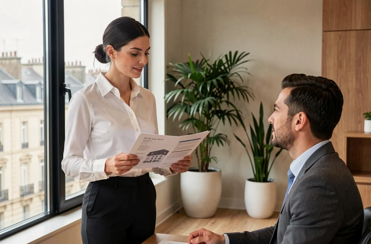 Courtier d'Aura Finance en agence dans la métropole bordelaise conseillant un client sur son financement immobilier