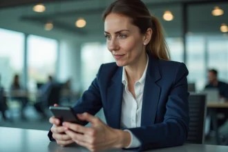 Femme professionnelle en blazer marine utilisant l'authentification forte sur smartphone dans un bureau bancaire moderne