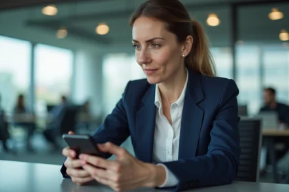 Femme professionnelle en blazer marine utilisant l'authentification forte sur smartphone dans un bureau bancaire moderne