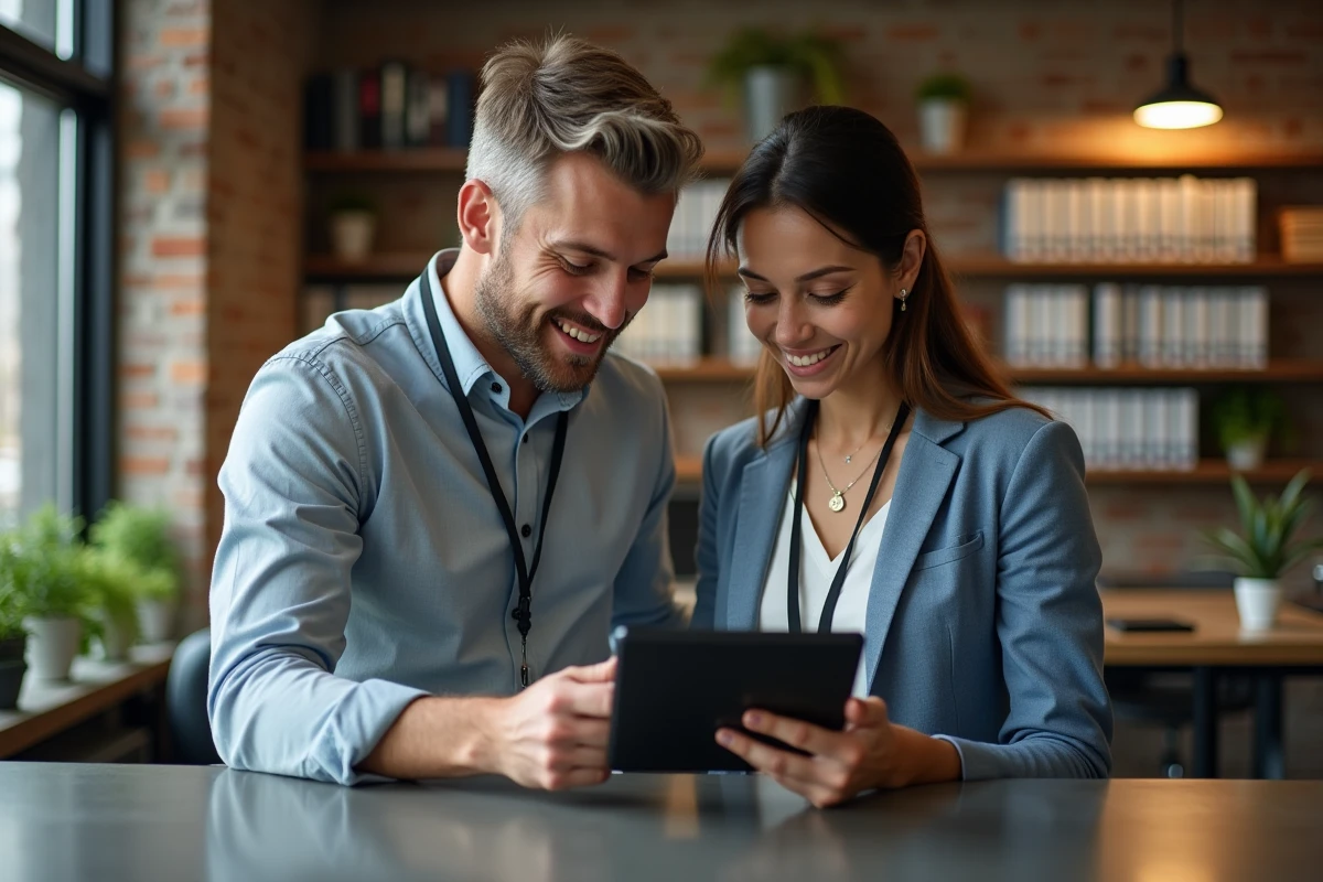 Deux collègues consultant une interface d'authentification multi-facteurs sur tablette dans un espace de travail institutionnel