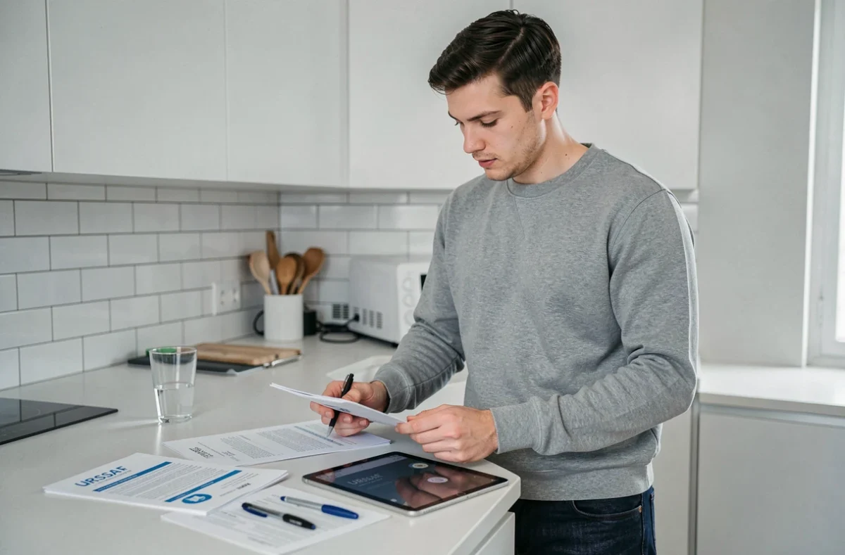 Jeune auto-entrepreneur consultant ses documents URSSAF et une tablette sur le plan de travail de sa cuisine