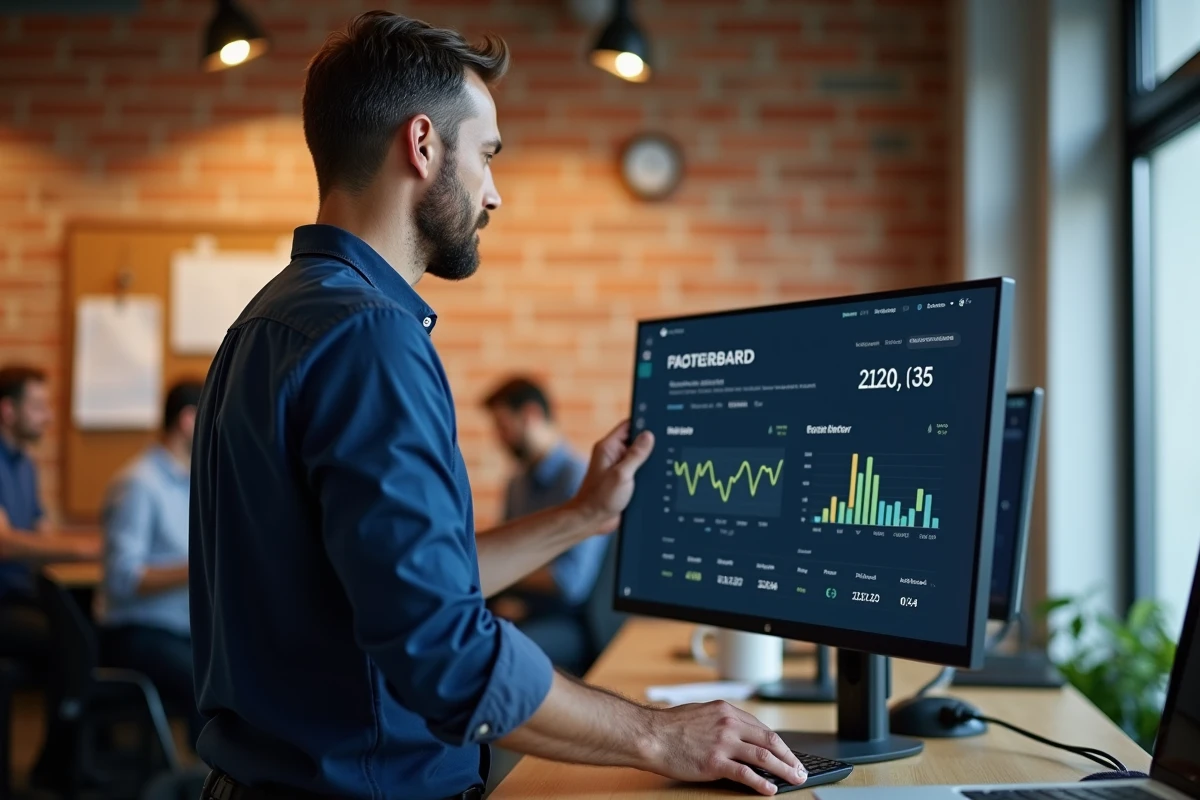 Autoentrepreneur masculin gérant son compte professionnel Filibanque CIC sur grand écran dans un espace de coworking moderne