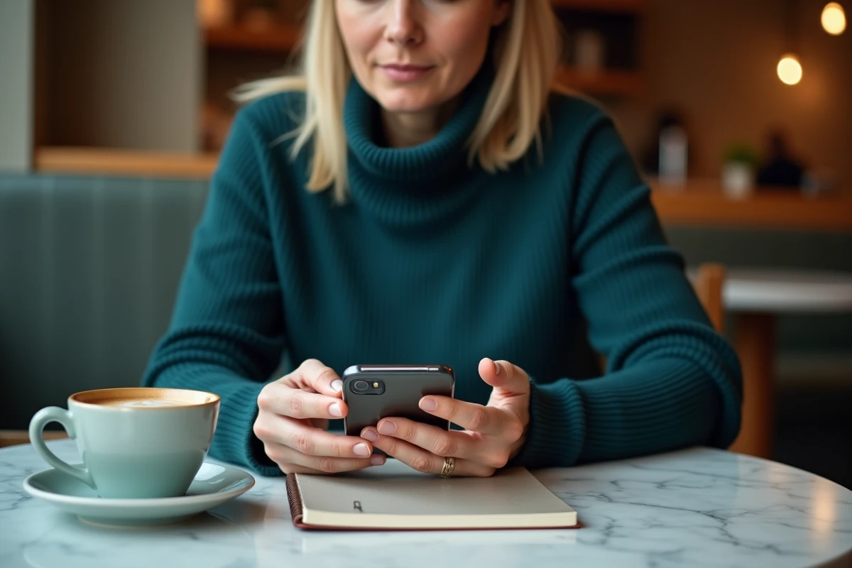 Autoentrepreneuse consultant l'application Filibanque CIC sur smartphone pour configurer son espace pro dans un café
