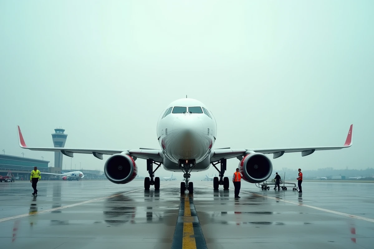Avion Airbus A320 sur un tarmac d'aéroport européen avec équipe au sol effectuant des vérifications techniques avant le décollage