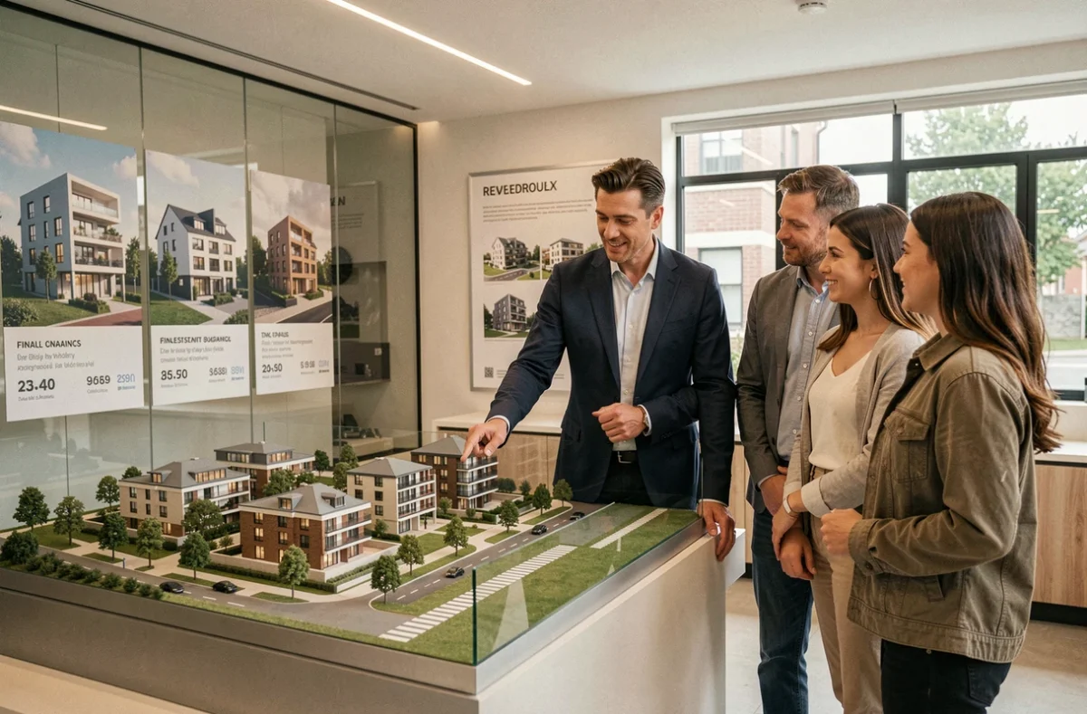 Conseiller de Bordeaux Immo 9 présentant un projet de financement immobilier neuf à Bordeaux à des acquéreurs potentiels