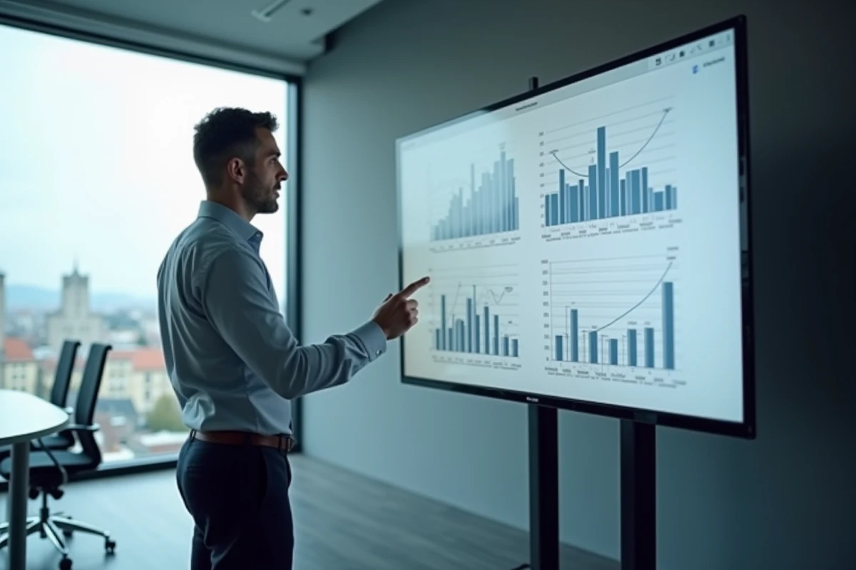 Cadre masculin consultant des données salariales sur un écran en salle de réunion avec vue sur ville française