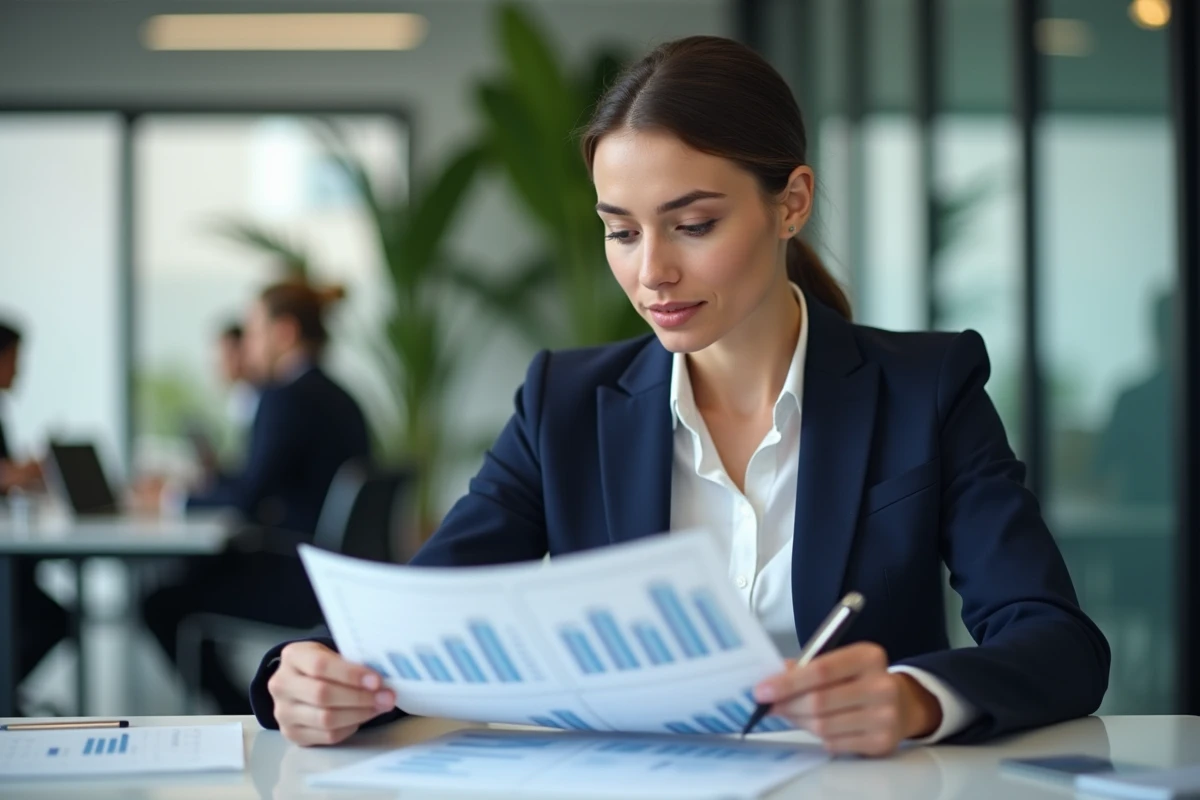 Cadre supérieure en entreprise analysant des courbes salariales imprimées dans un open space moderne à Paris