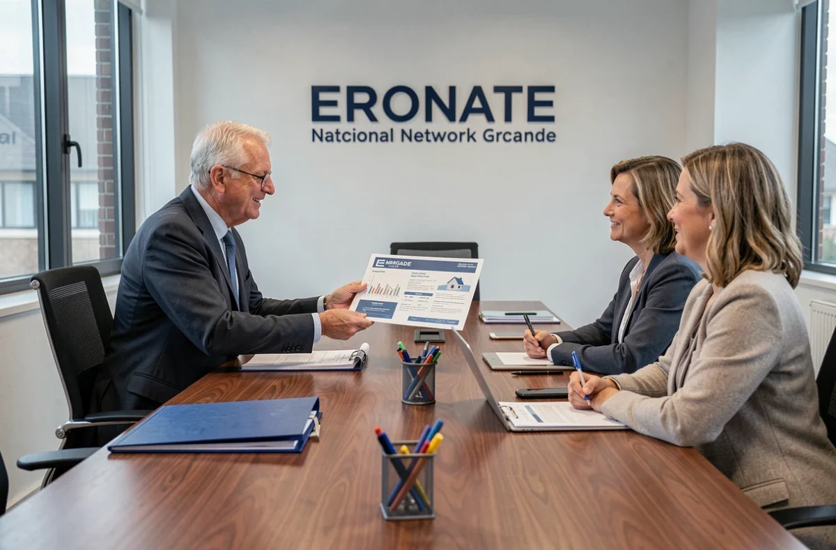Conseiller CAFPI présentant une offre de crédit immobilier à des clients dans une agence du réseau national en Gironde