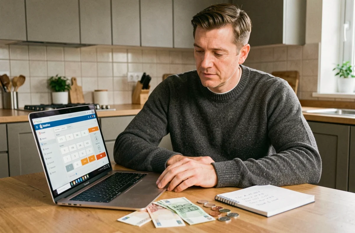 Homme utilisant une calculatrice en ligne pour compter des billets et des pièces en espèces sur une table de cuisine