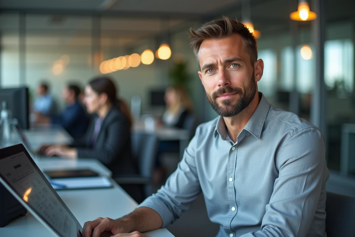 Homme consultant un tableau de calcul de salaire brut SMIC sur un ordinateur portable en open space