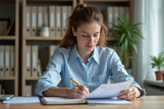 Femme calculant son salaire au SMIC avec des fiches de paie et un carnet de notes sur un bureau en bois