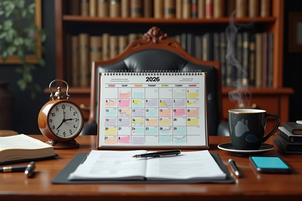 Calendrier 2026 des horaires d'ouverture des marchés boursiers annoté posé sur un bureau avec une montre et du café