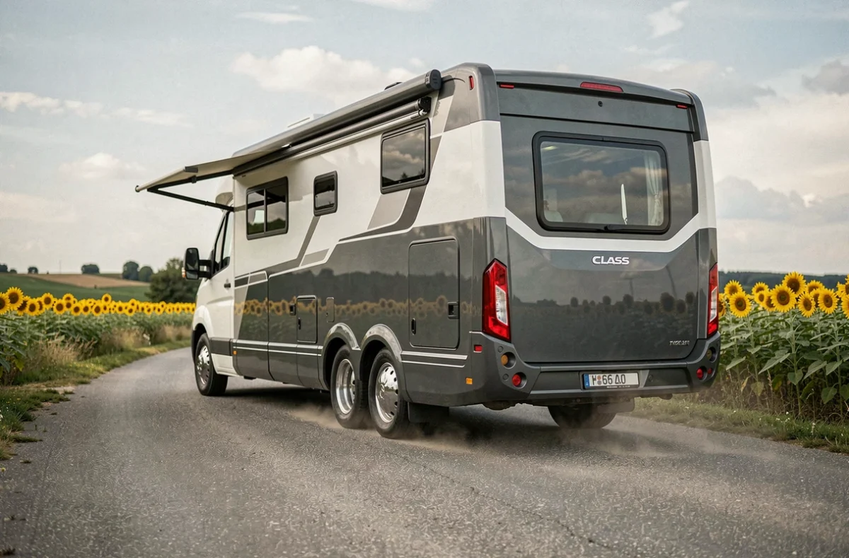 Camping-car poids lourd vu de l'arrière sur une route de campagne française entourée de champs de tournesols