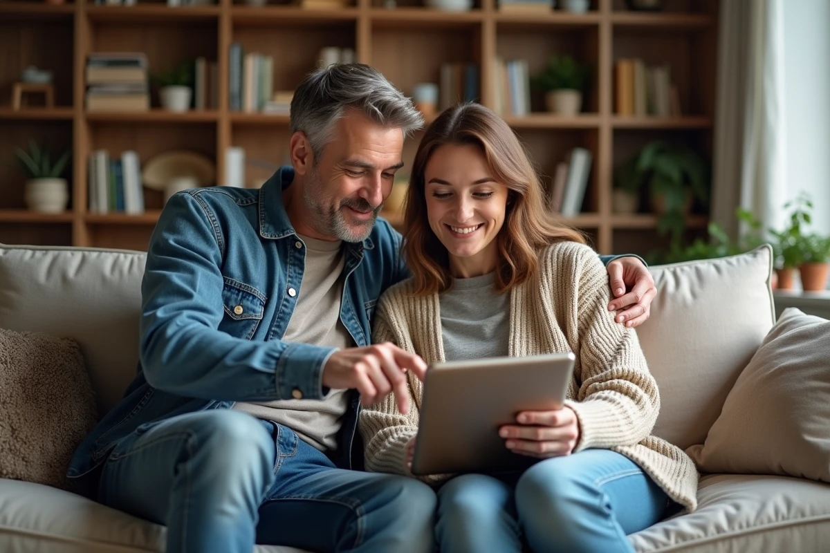 Couple consultant les canaux de contact Cofidis sans surcoût sur une tablette