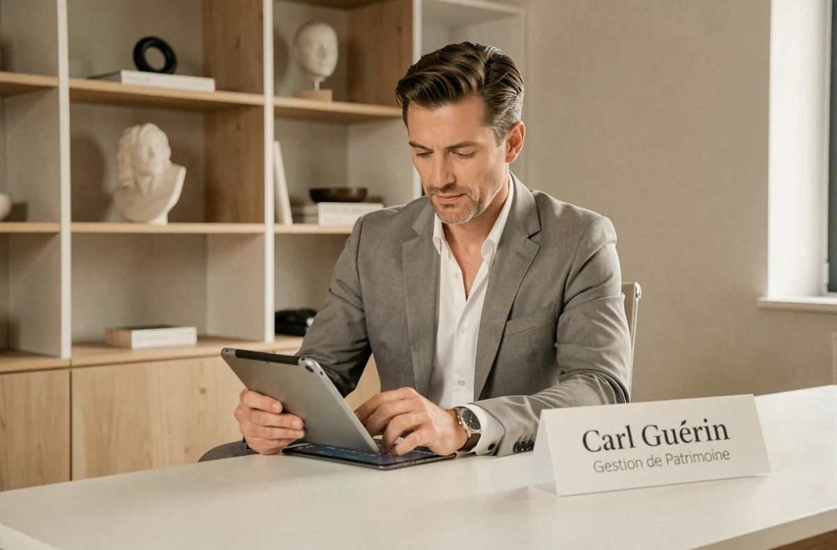 Carl Guérin, conseiller en gestion de patrimoine, consultant des projections financières dans son bureau minimaliste