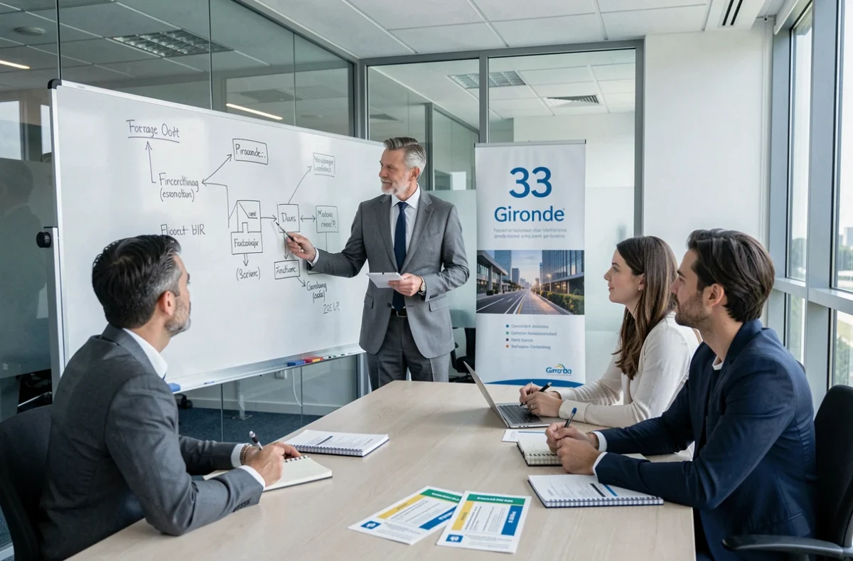 Conseiller de La Centrale de Financement en agence Gironde (33) présentant un plan de financement immobilier à des clients