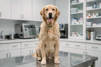 Golden retriever calme sur une table d'examen vétérinaire dans une clinique moderne, illustrant l'assurance chien Carrefour