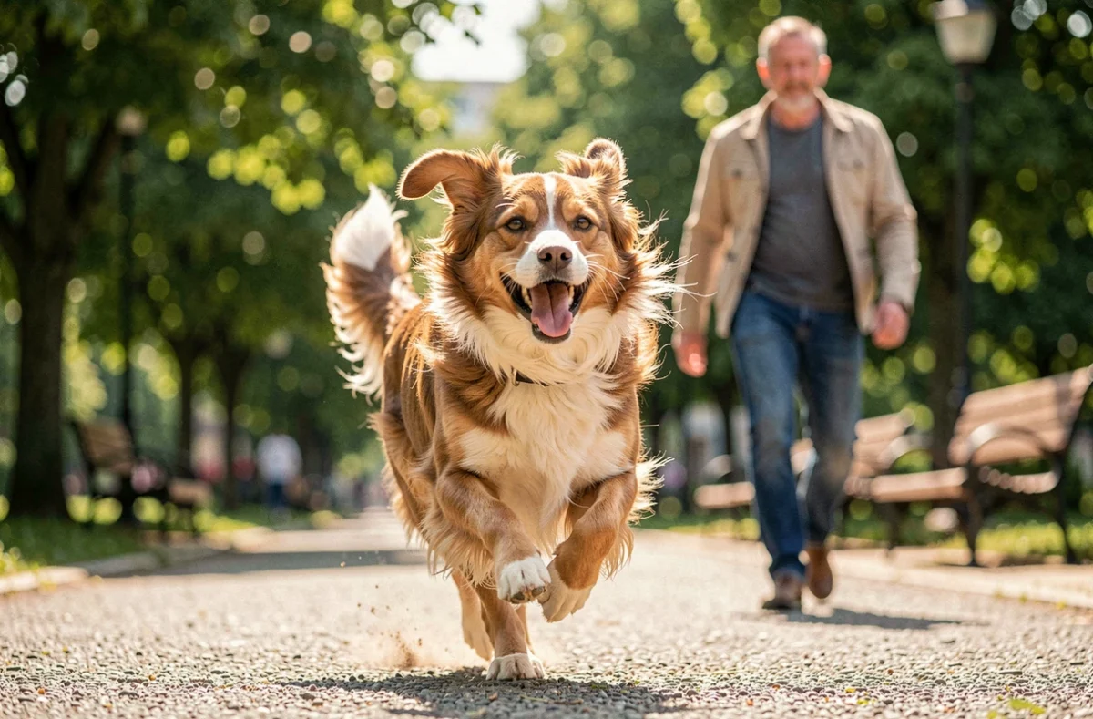 Chien mixte joyeux courant dans un parc urbain avec son propriétaire, évoquant la protection offerte par une assurance chien