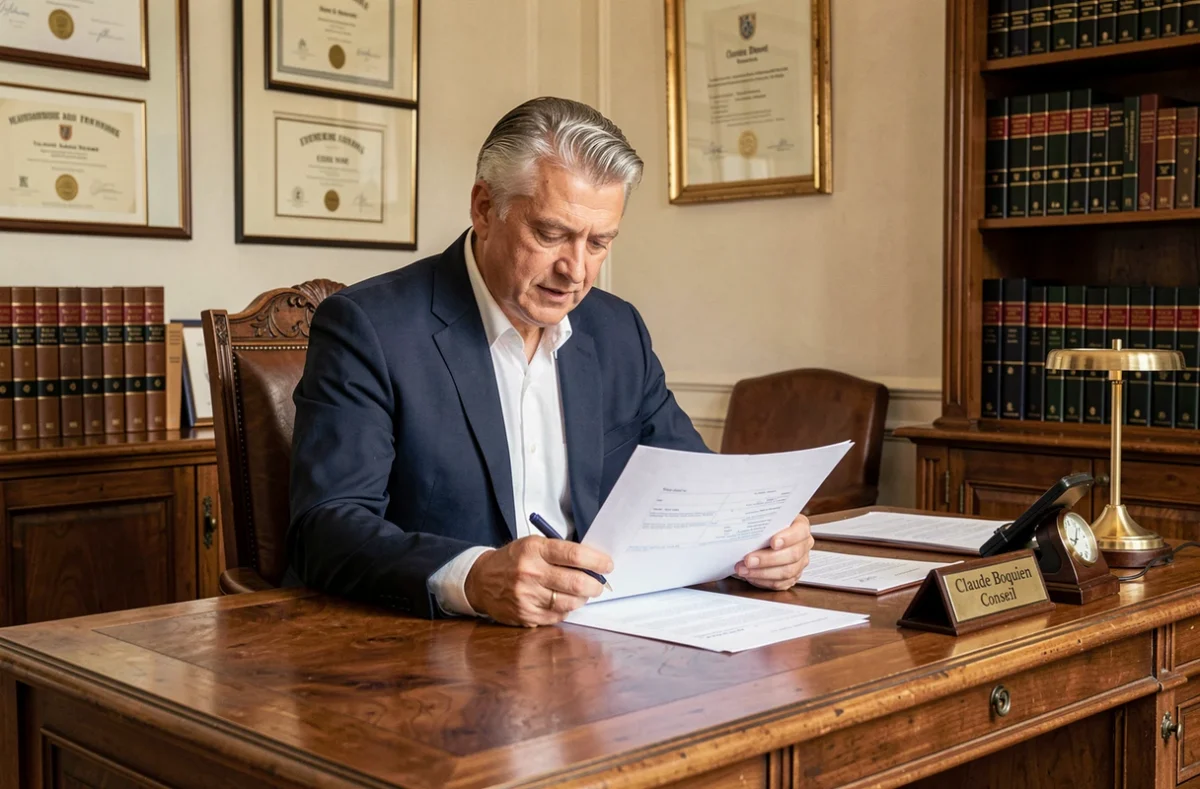 Conseiller Claude Boquien Conseil examinant des documents patrimoniaux dans un bureau traditionnel français