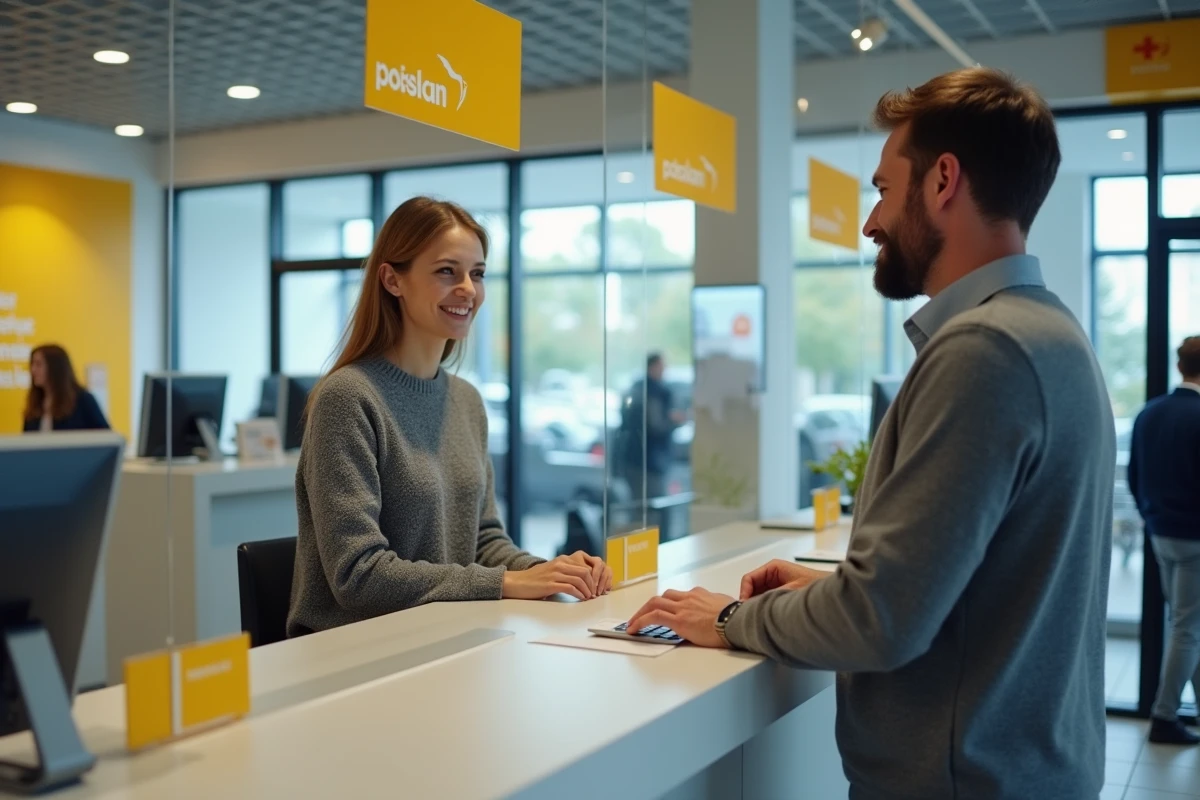 Client masculin interagissant avec un conseiller bancaire dans une agence La Banque Postale moderne